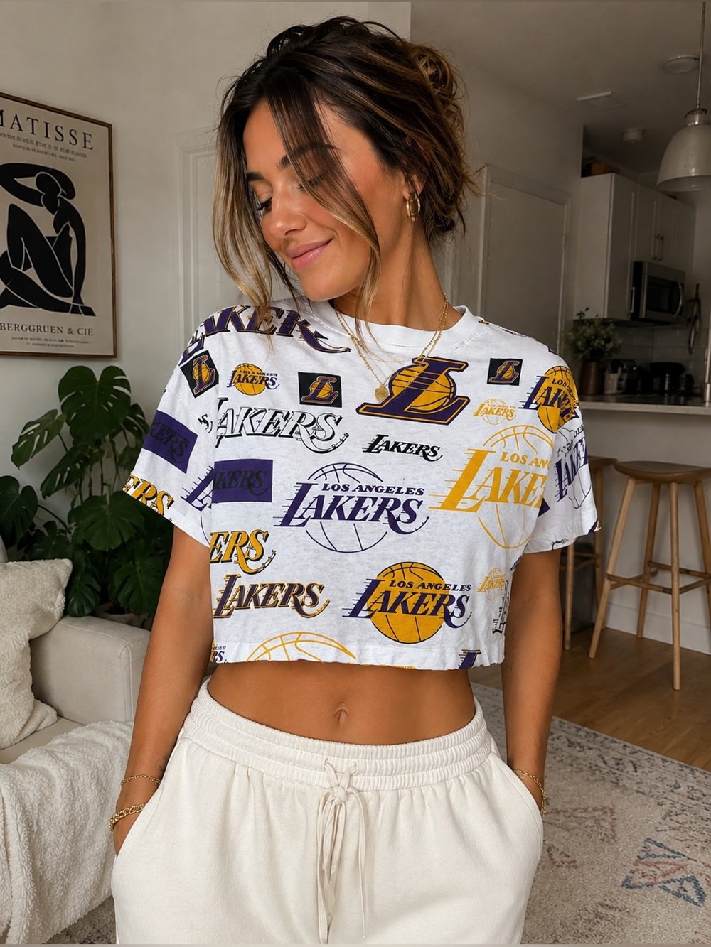 Lakers Cropped Graphic Tee - White, Purple & Gold